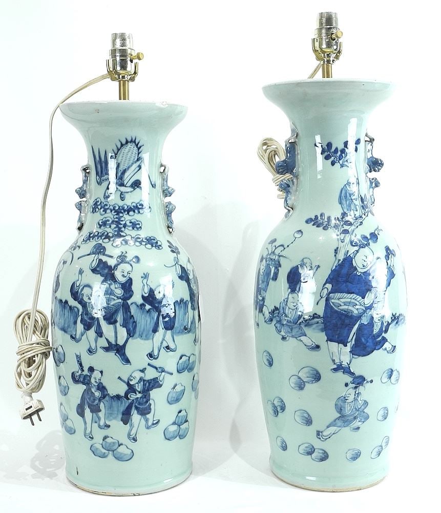 Near Pair of Chinese Pak Celadon Molded Blue & White Vases Mounted as Lamps.: Near Pair of Chinese Pak Celadon Molded Blue & White Vases Mounted as Lamps.