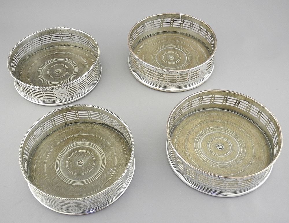 Four Old Sheffield Plate Wine Coasters, 1 5/8 x 5 1/8" Diameter.: Four Old Sheffield Plate Wine Coasters, 1 5/8 x 5 1/8" Diameter.