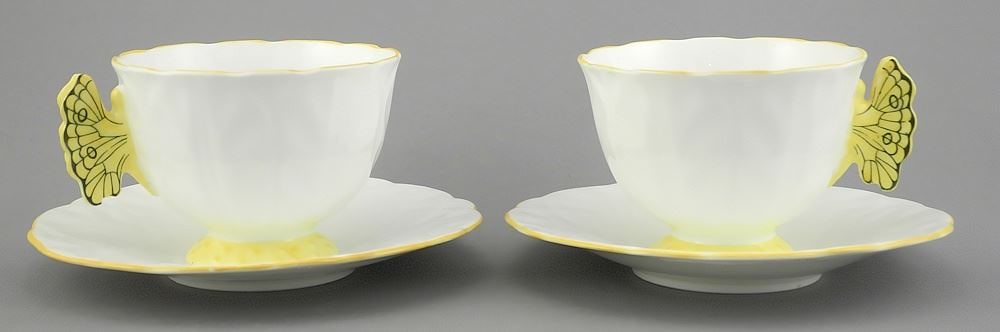 Pair of Aynsley Butterfly Handle Cups & Saucers (flea bite on one). (1 of 4)