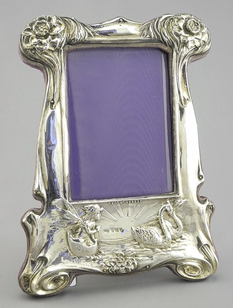 Art Nouveau Silver Mounted "Fairy & Swan" Dresser Frame, 10".: Art Nouveau Silver Mounted "Fairy & Swan" Dresser Frame, 10".