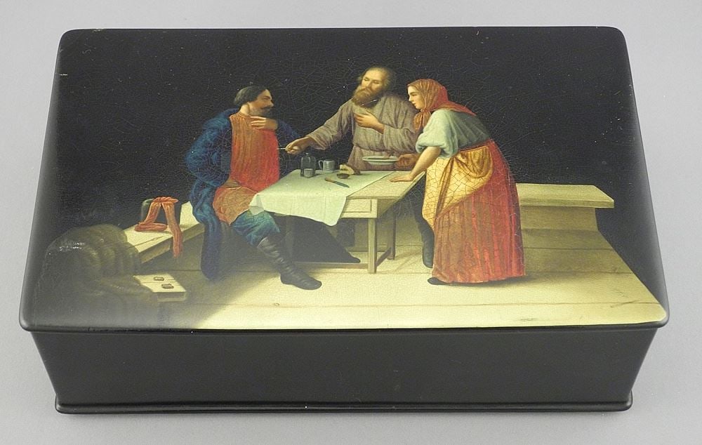 Russian Lacquer Box, Figures at Table, 9 5/8"w. (1 of 9)