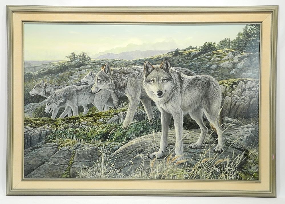 Acrylic on Board signed (Lissa) Calvert'92, 23 1/2 x 35 1/2", "Pack of Wolves". (1 of 4)