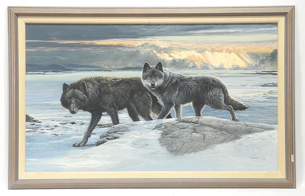 Acrylic on Board signed (Lissa) Calvert, 17 1/2 x 29 1/2", "Pair of Wolves". (1 of 4)
