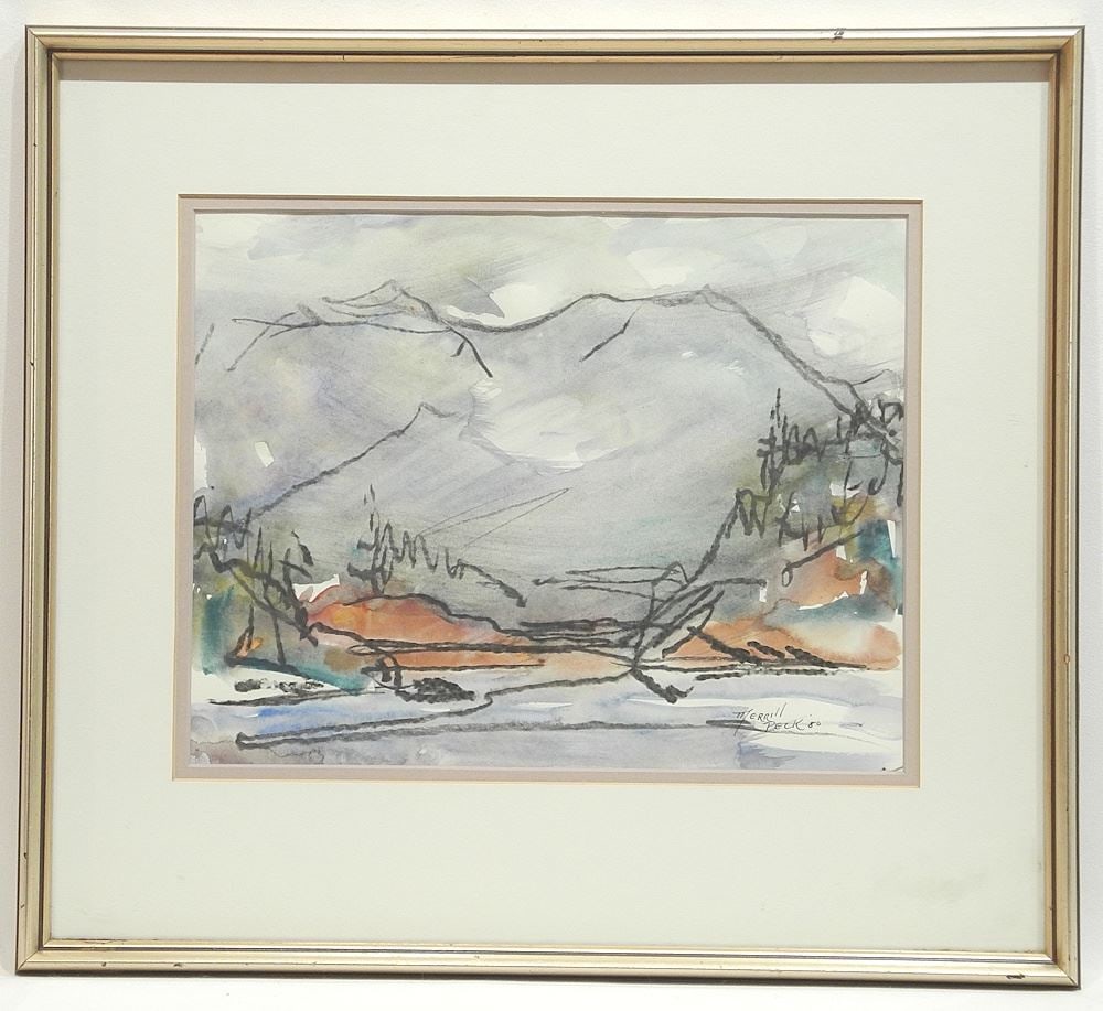 Watercolour signed Merrill Peck'80, 10 1/8 x 13", "Mountainside & River": Watercolour signed Merrill Peck'80, 10 1/8 x 13", "Mountainside & River"