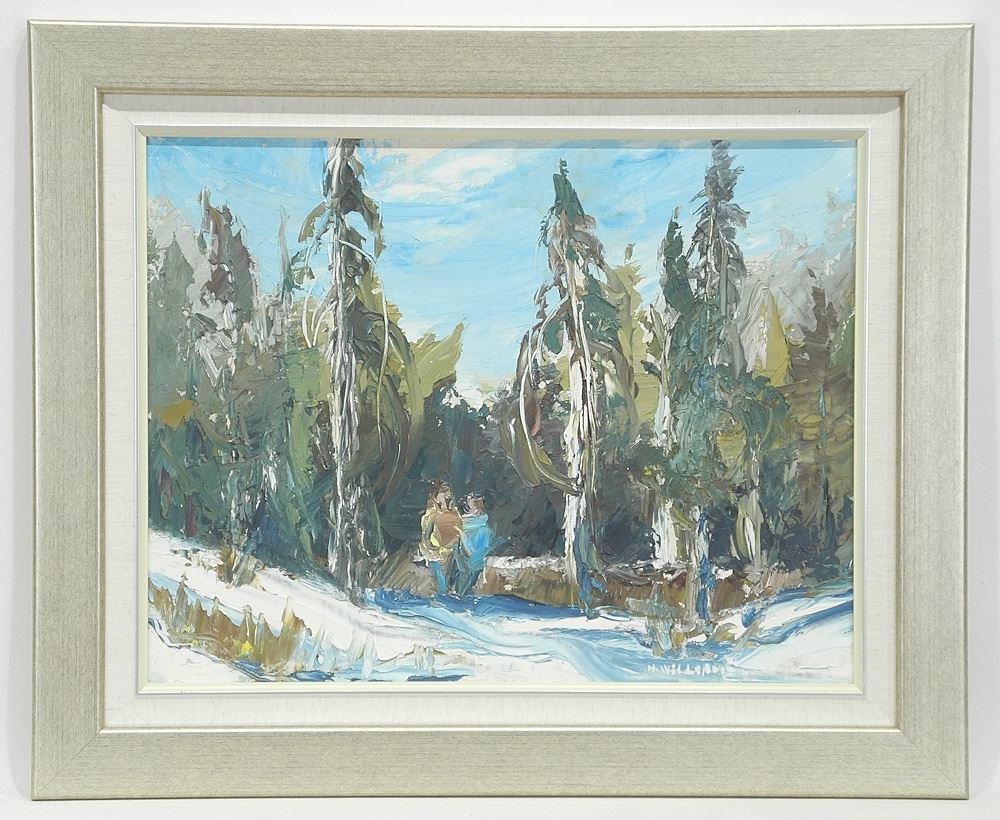 Oil on Board signed H. Williams, 13 3/8 x 17 1/2", "Lovers in The Snow".: Oil on Board signed H. Williams, 13 3/8 x 17 1/2", "Lovers in The Snow".