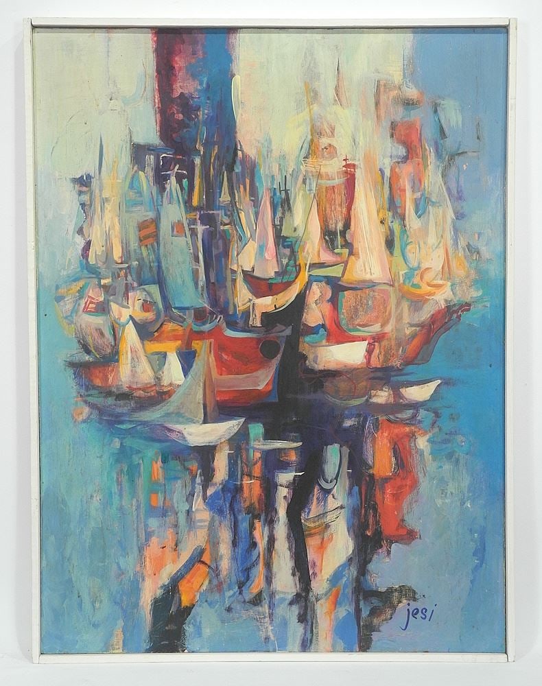 Tempera & Acrylic signed Jesi (Barron), 31 1/2 x 23 1/2", "Mirrored Ships".: Tempera & Acrylic signed Jesi (Barron), 31 1/2 x 23 1/2", "Mirrored Ships".