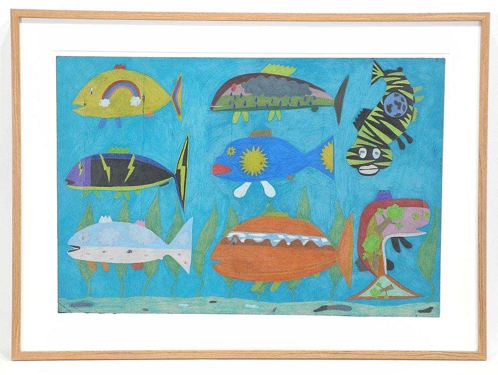 Colour Pencil Drawing by Pitseolak Qimirpik, 14 1/4 x 21 1/4", "Earth & Climate Fish" (creased). ( (1 of 4)