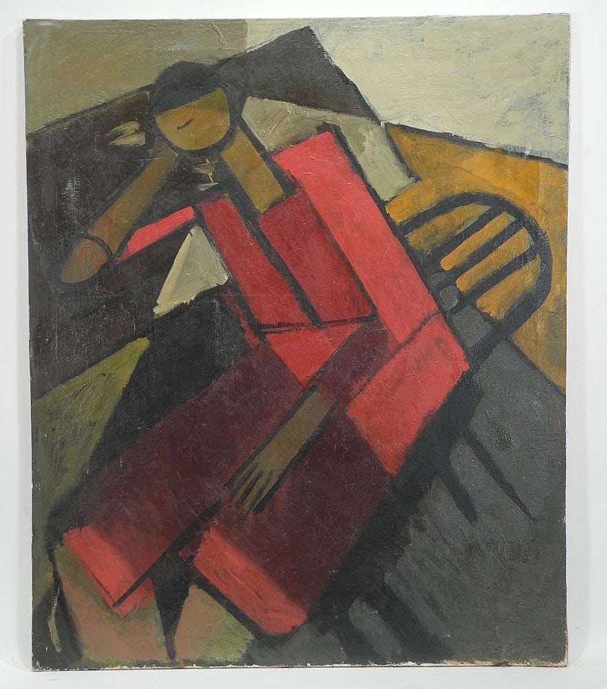 Oil on Canvas signed JCS (Jack Craig Seaton) Wilkinson, 36 x 30", "Cubist Gina" (as found).: Oil on Canvas signed JCS (Jack Craig Seaton) Wilkinson, 36 x 30", "Cubist Gina" (as found).