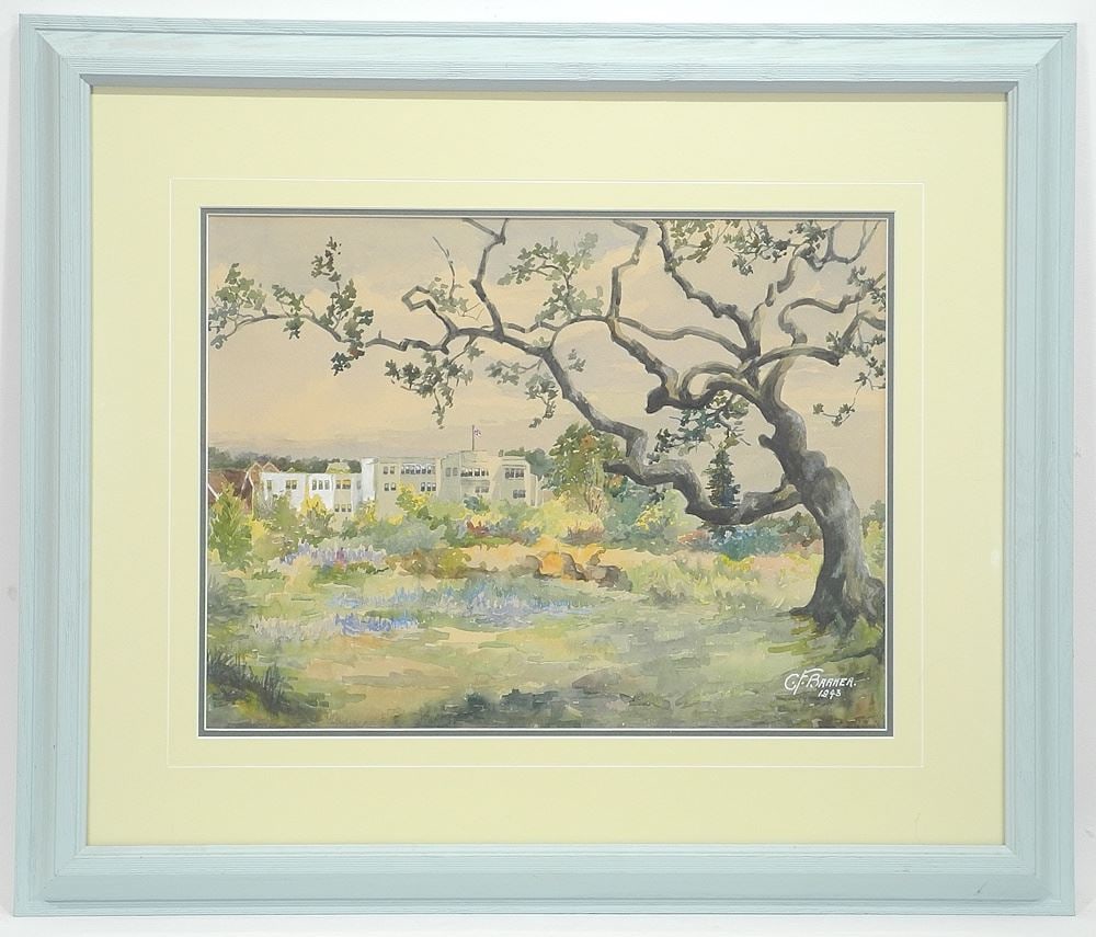 Watercolour signed C. (Charles) F. Barker 1943, 14 3/8 x 19", "View of Tweedsmuir Mansions".: Watercolour signed C. (Charles) F. Barker 1943, 14 3/8 x 19", "View of Tweedsmuir Mansions".