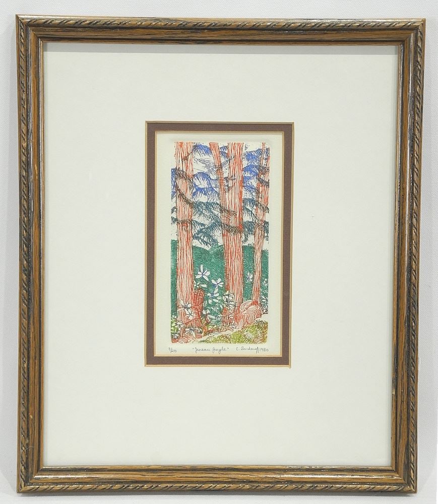 Coloured Etching signed C. (Carole) Bondaroff, 6 1/4 x 3 1/2", "Juneau Jungle" #9/20. (1 of 4)