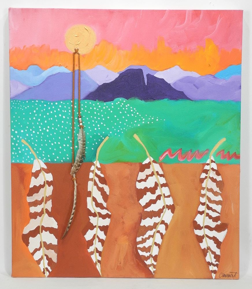Mixed Media on Canvas signed (Lee) Claremont, 28 x 24", "Feathers Found on Walk '96".: Mixed Media on Canvas signed (Lee) Claremont, 28 x 24", "Feathers Found on Walk '96".
