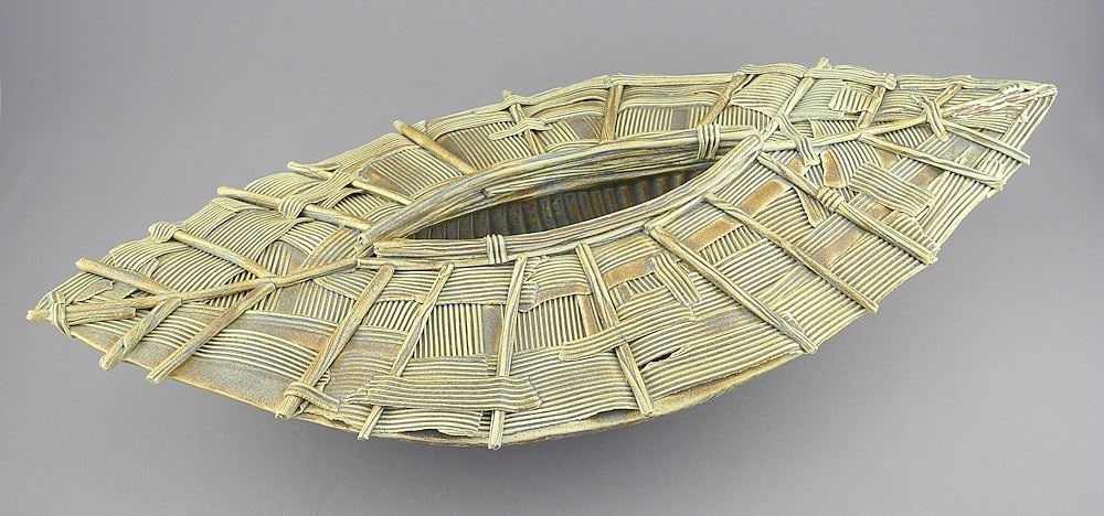 Ceramic Sculpture by Laurie Rolland, RCA, 20 1/4"L, "Wrapped Boat".: Ceramic Sculpture by Laurie Rolland, RCA, 20 1/4"L, "Wrapped Boat".