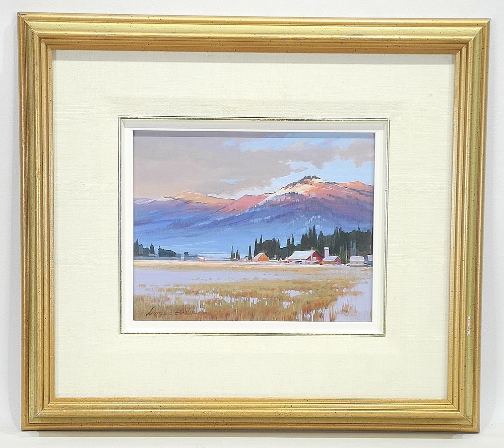 Oil on Canvas signed Andres Bohaker, 7 1/2 x 9 1/2", "Foothills Farm Houses".: Oil on Canvas signed Andres Bohaker, 7 1/2 x 9 1/2", "Foothills Farm Houses".