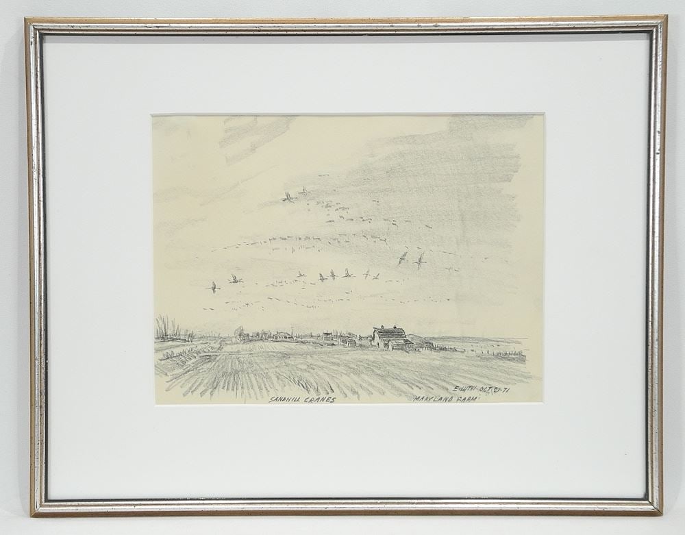Drawing signed E. (Ernest) Luthi, 8 1/2 x 11 1/2", "Sandhill Cranes, Maryland Farm Oct/71. (1 of 4)