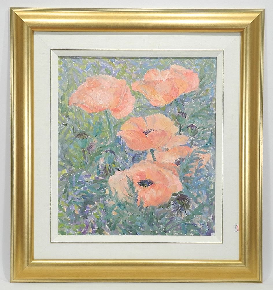 Oil on Board signed Irene Hoffar Reid'70, 18 x 16", "Poppies".: Oil on Board signed Irene Hoffar Reid'70, 18 x 16", "Poppies".