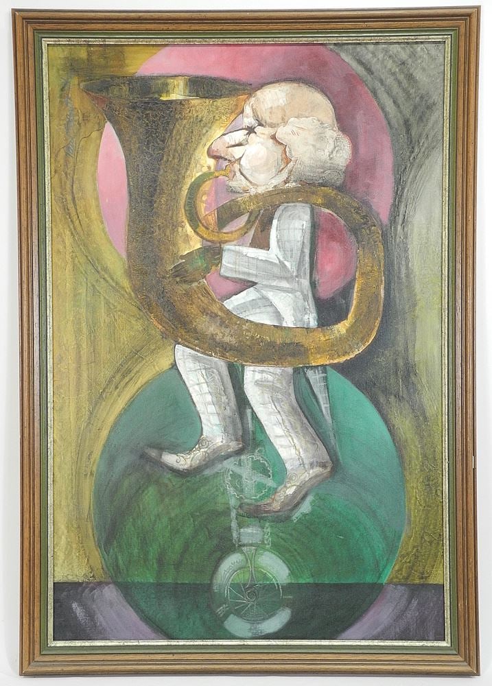Oil on Board signed Paul Szentkuthy, 35 1/4 x 23 1/4", "Musician on Unicycle".: Oil on Board signed Paul Szentkuthy, 35 1/4 x 23 1/4", "Musician on Unicycle".