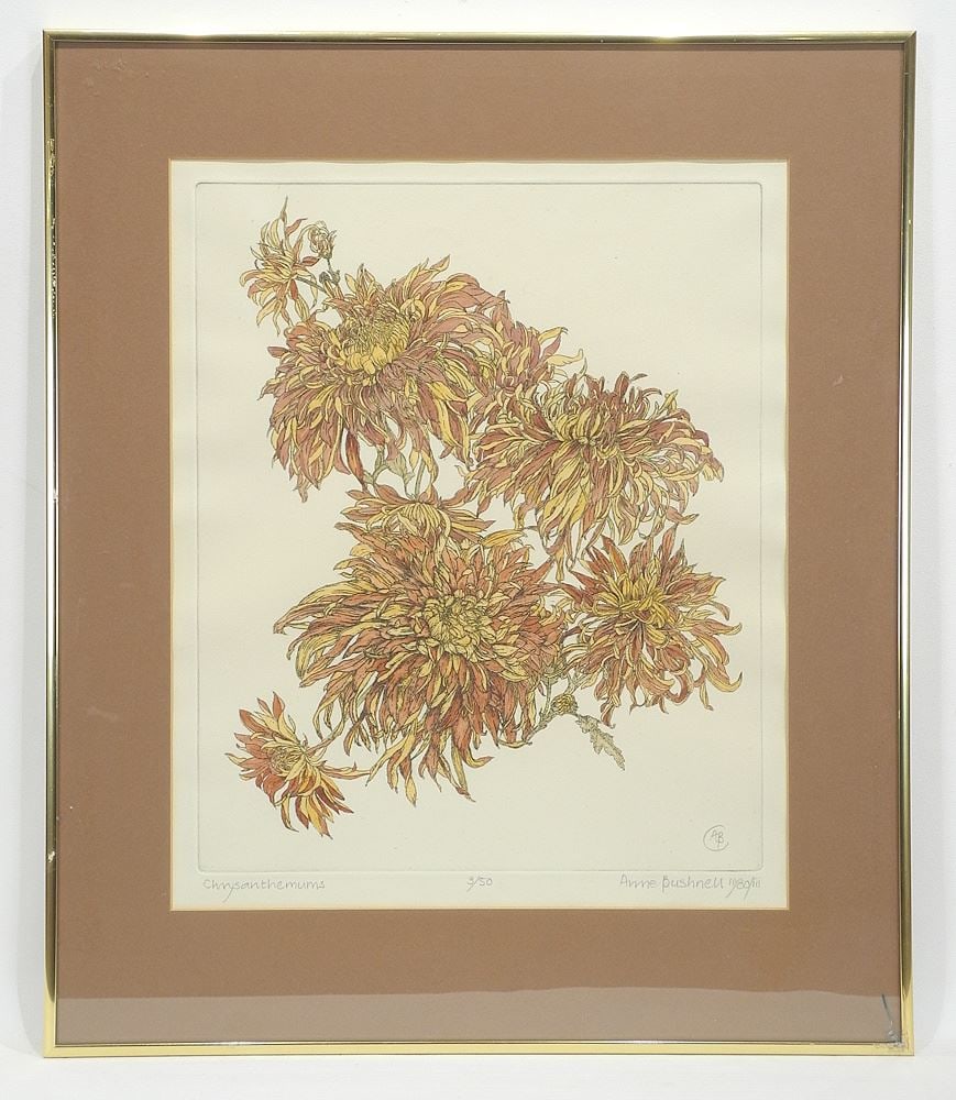 Colured Etching signed Anne Bushnell 1989/iii, 17 x 14", "Chrysanthemums" #3/50. (1 of 4)