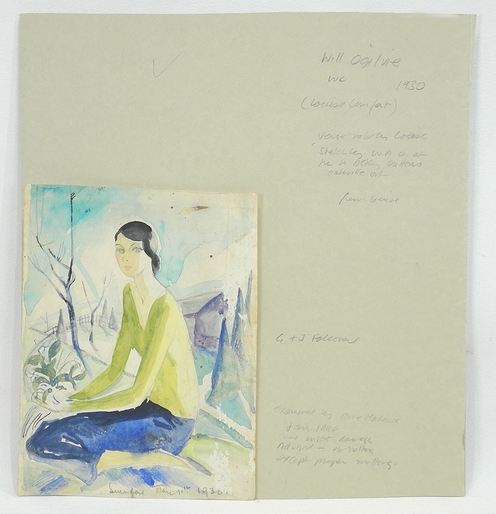 Watercolour by Will Ogilvie, 6 7/8 x 5 1/4", "Louise Comfort Sunday May 11th 1930", Unframed.: Watercolour by Will Ogilvie, 6 7/8 x 5 1/4", "Louise Comfort Sunday May 11th 1930", Unframed.