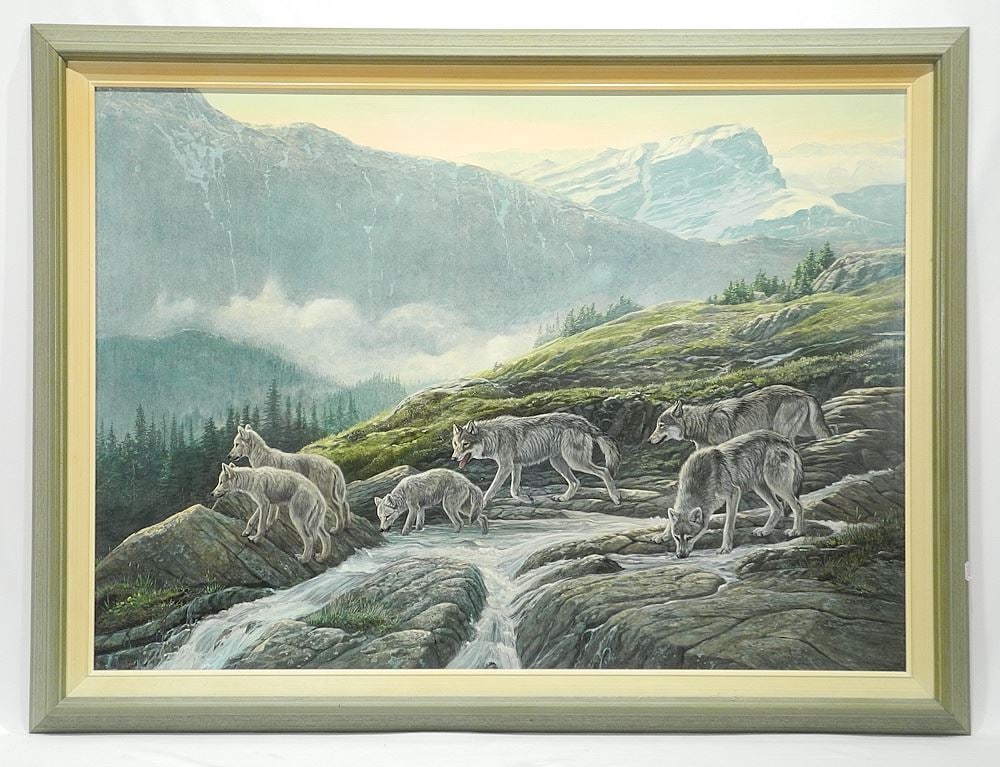 Acrylic on Board signed (Lissa) Calvert '90, 25 1/2 x 35 1/2", "Pack of Wolves". (1 of 4)