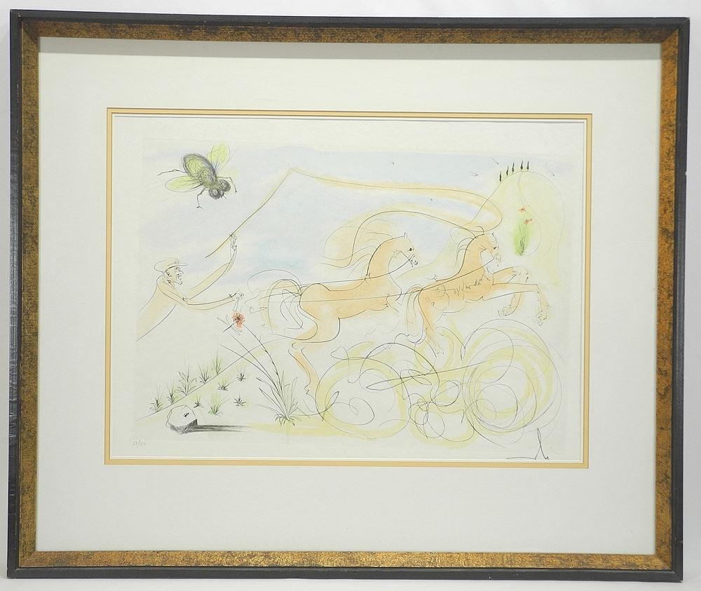 Etching signed Dali, 18 X 24 1/2", "The Coach & The Fly".: Etching signed Dali, 18 X 24 1/2", "The Coach & The Fly".