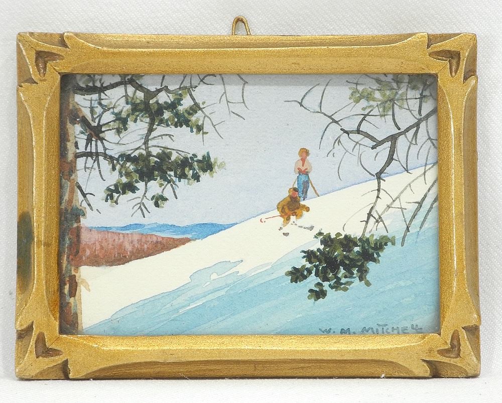 Watercolour signed W.M. (William Morse) Mitchell, 2 1/8 x 3 1/8", "Happy Skiers...". (1 of 3)