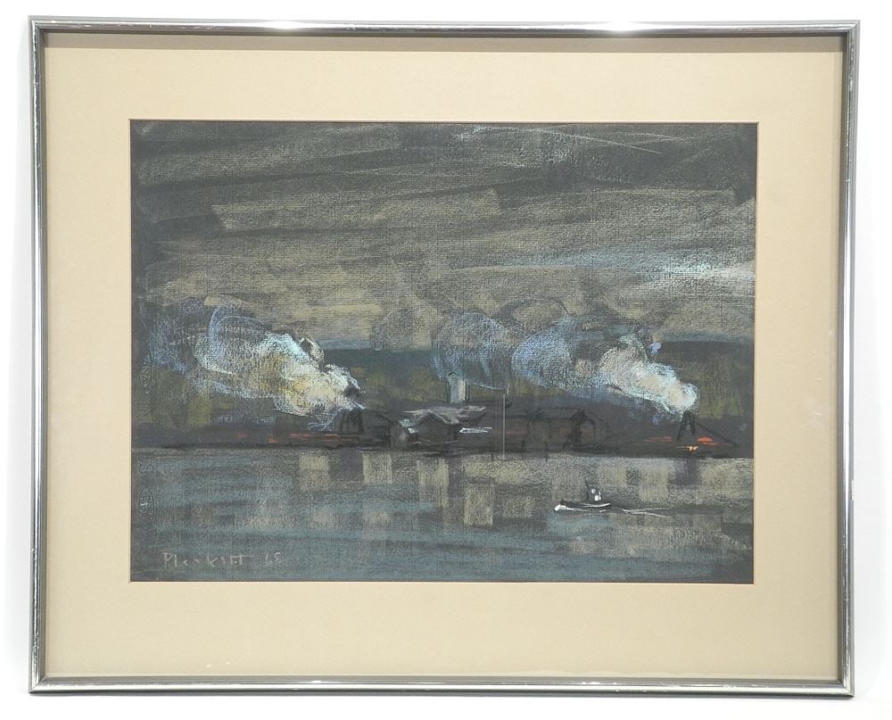 Pastel on Paper signed (Joseph) Plaskett'68, 18 1/2 x 25", "Industrial Waterway".: Pastel on Paper signed (Joseph) Plaskett'68, 18 1/2 x 25", "Industrial Waterway".