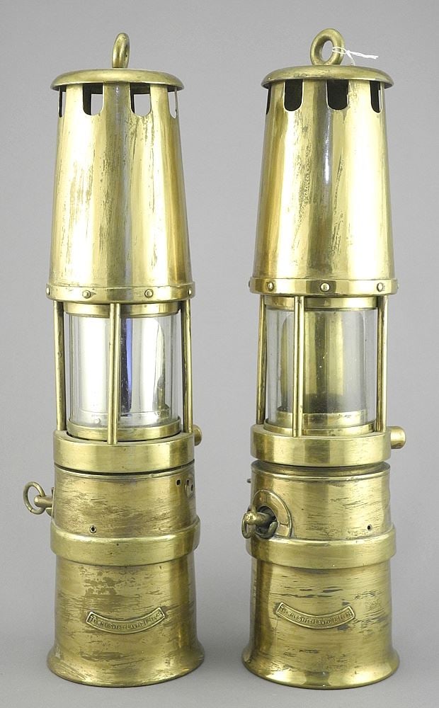 Pair of "The Wolf Safety Lamp Co. Ltd" Miners Lamps, 12 1/4"h. (1 of 2)