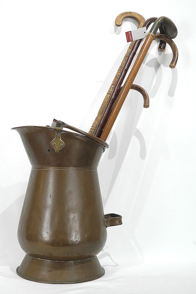 Handled Copper Vessel (16 1/2"h) with Collection of Walking Sticks. (1 of 4)