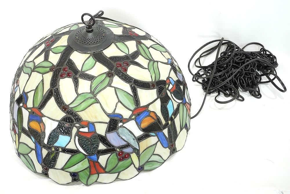 Leaded Glass Pendant Ceiling Fixture , Swag-Style, 19 3/4" Diameter. (1 of 3)