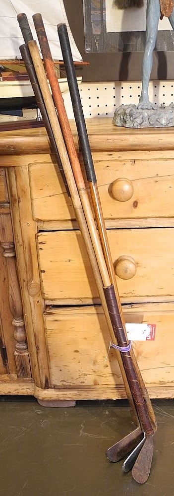 Five Oak Shaft Golf Clubs, Apx. 40 3/4"L (rust noted).: Five Oak Shaft Golf Clubs, Apx. 40 3/4"L (rust noted).