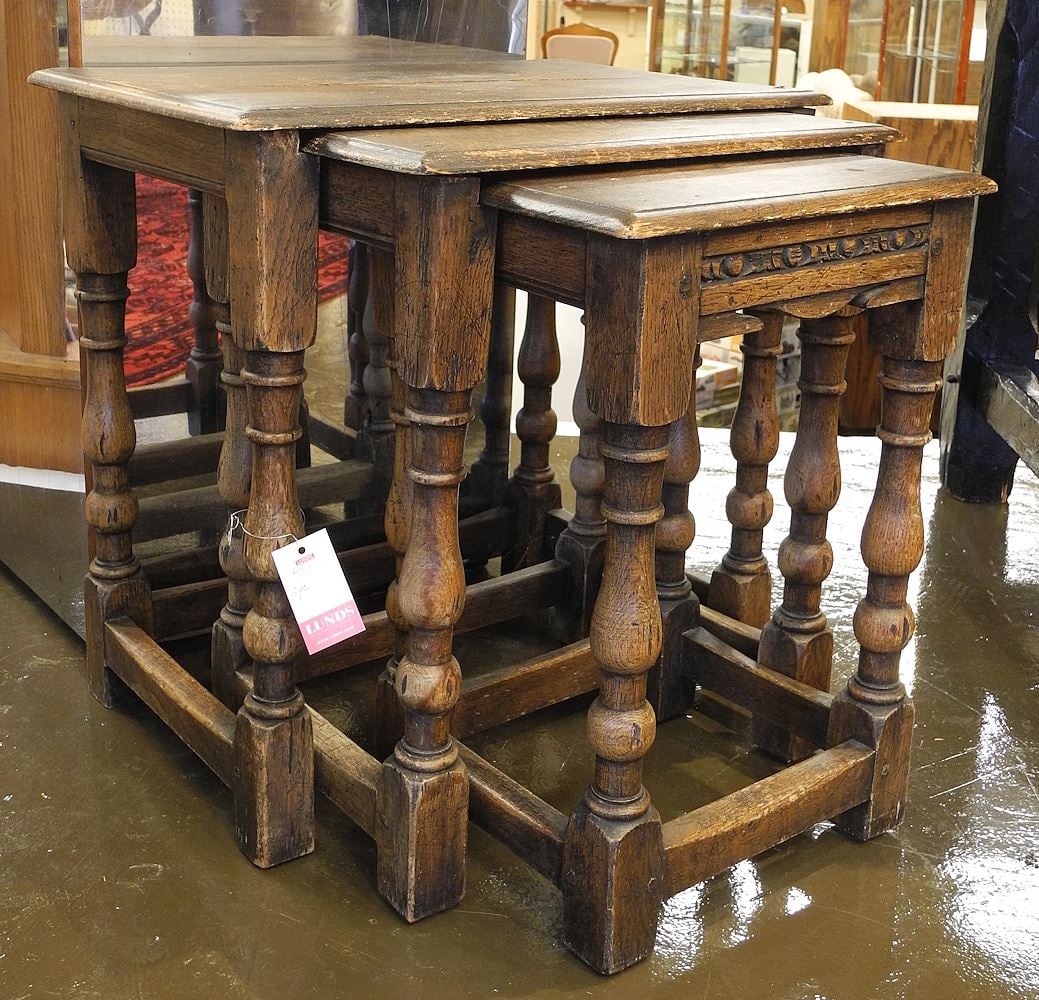 Trio of Oak Nesting Tables, 19 3/4"h (as found).: Trio of Oak Nesting Tables, 19 3/4"h (as found).