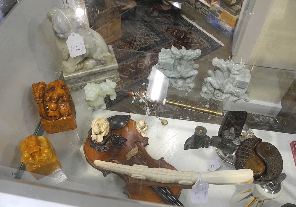 Collection of Asian Ornamental Wares : Netsuke/Buddhist Dogs/Prayer Wheel , CANADIAN BIDDERS ONLY.: Collection of Asian Ornamental Wares : Netsuke/Buddhist Dogs/Prayer Wheel , CANADIAN BIDDERS ONLY.