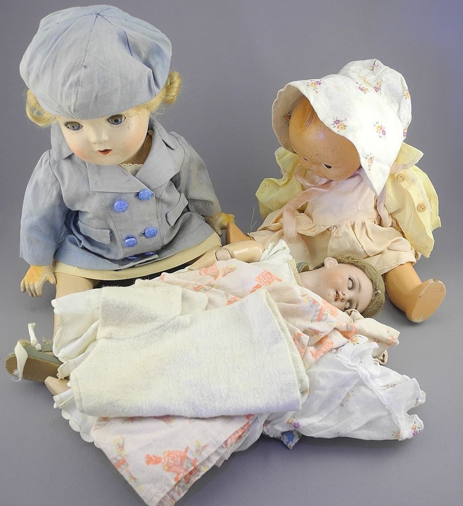 Three Vintage Dolls: Ideal/Rosie O'Neill/Porcelain Jutta, 12-17"L. (1 of 4)