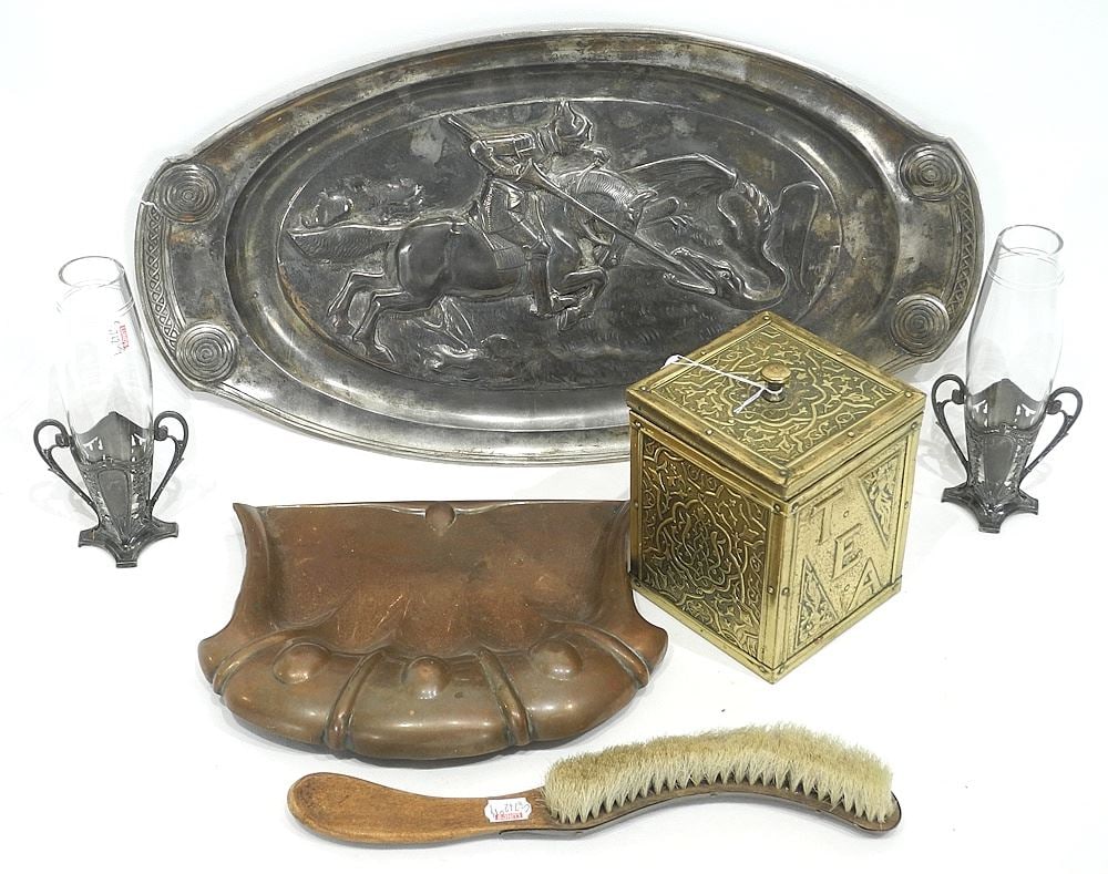 Collection of Metal Wares: Embossed Humidor (5 1/2"h)/Pair of Vases/ Copper Crumb/Damaged Tray.: Collection of Metal Wares: Embossed Humidor (5 1/2"h)/Pair of Vases/ Copper Crumb/Damaged Tray.