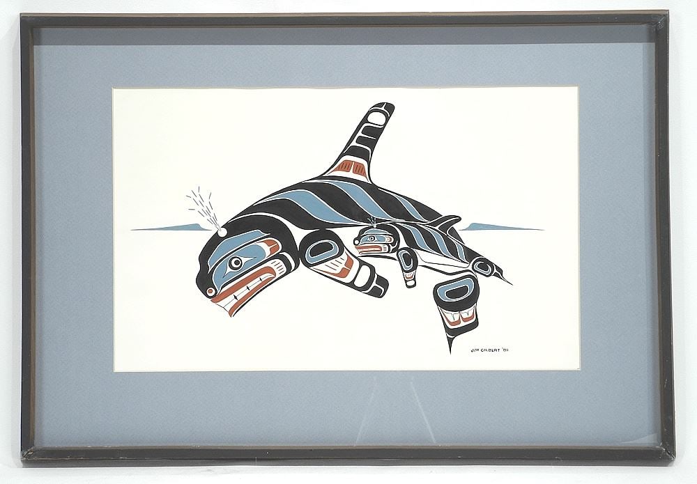 Acrylic on Paper signed Jim Gilbert' 82, 11 1/8 x 18 1/2", "Killer Whale & Calf".: Acrylic on Paper signed Jim Gilbert' 82, 11 1/8 x 18 1/2", "Killer Whale & Calf".