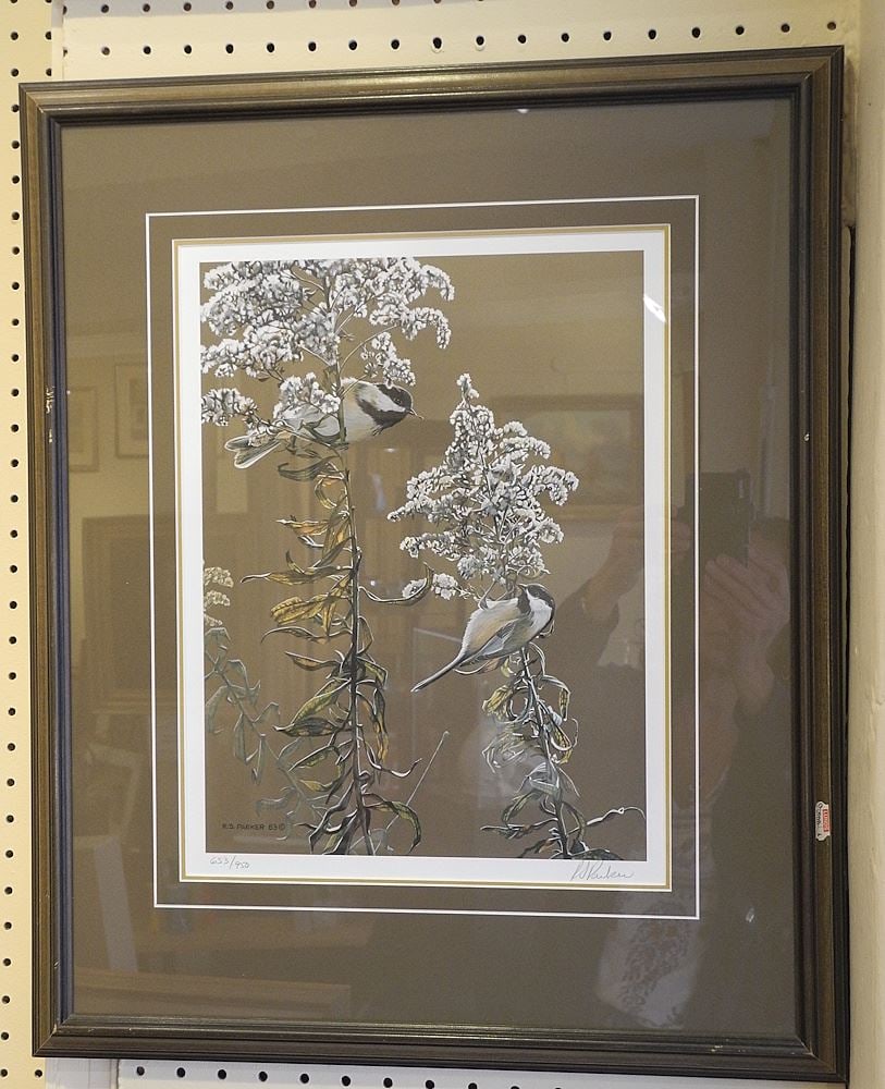 LEP signed R. (Ron) S. Parker, 14 3/4 x 11 1/8", "Chickadees in Autumn" #653/950.: LEP signed R. (Ron) S. Parker, 14 3/4 x 11 1/8", "Chickadees in Autumn" #653/950.
