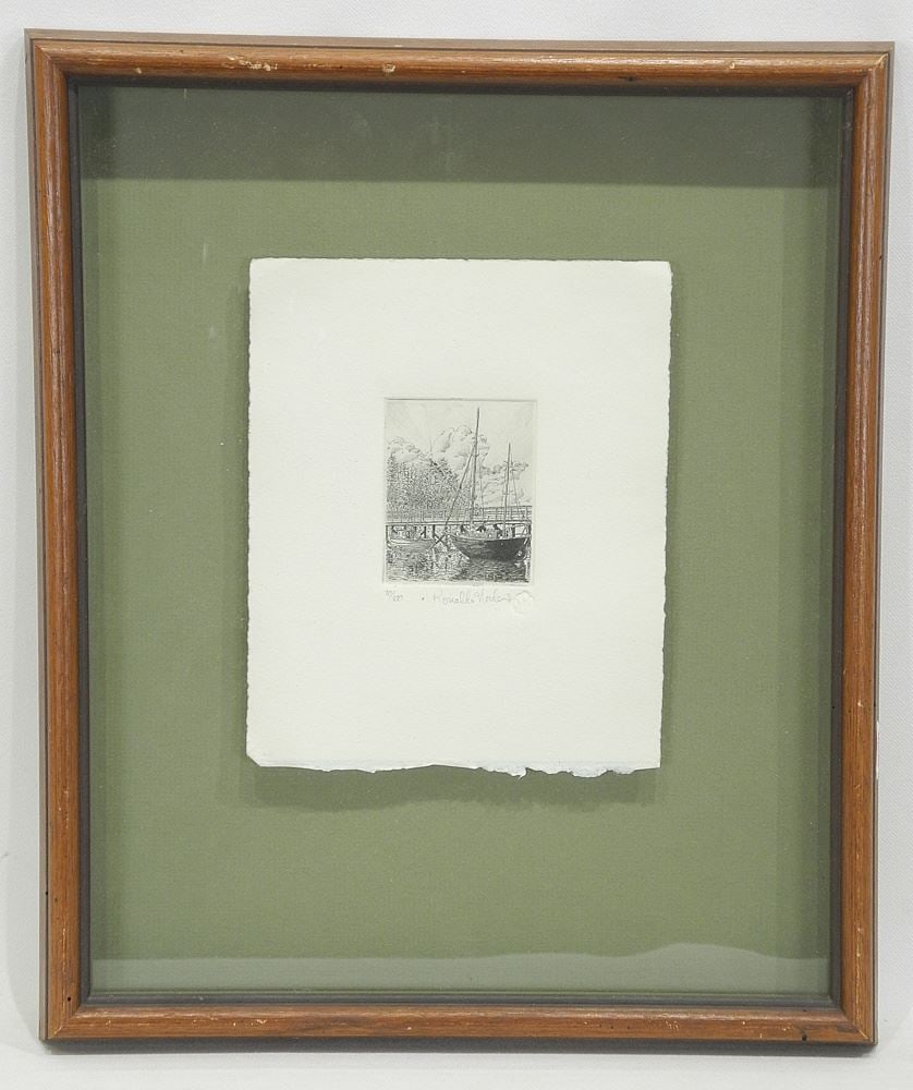 Etching signed Ronaldo Norden Plate, 2 5/8 x 2 1/8", "Harbour Scene" # 70/100. (1 of 3)