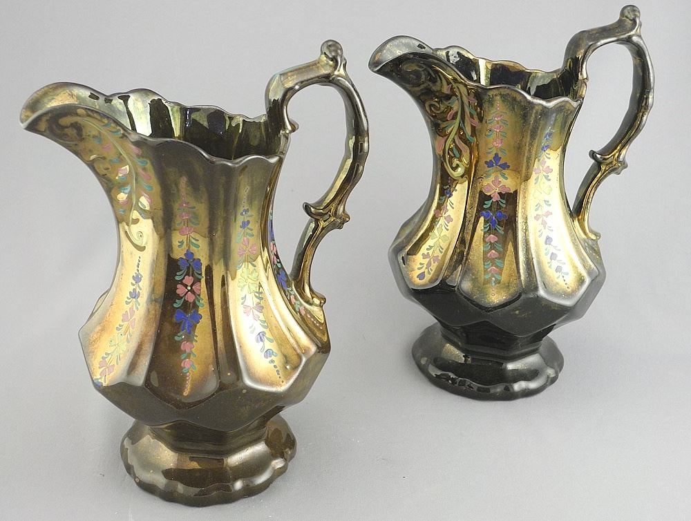 Pair of Staffordshire Lustre Ware Pitchers, 8"h. (1 of 3)
