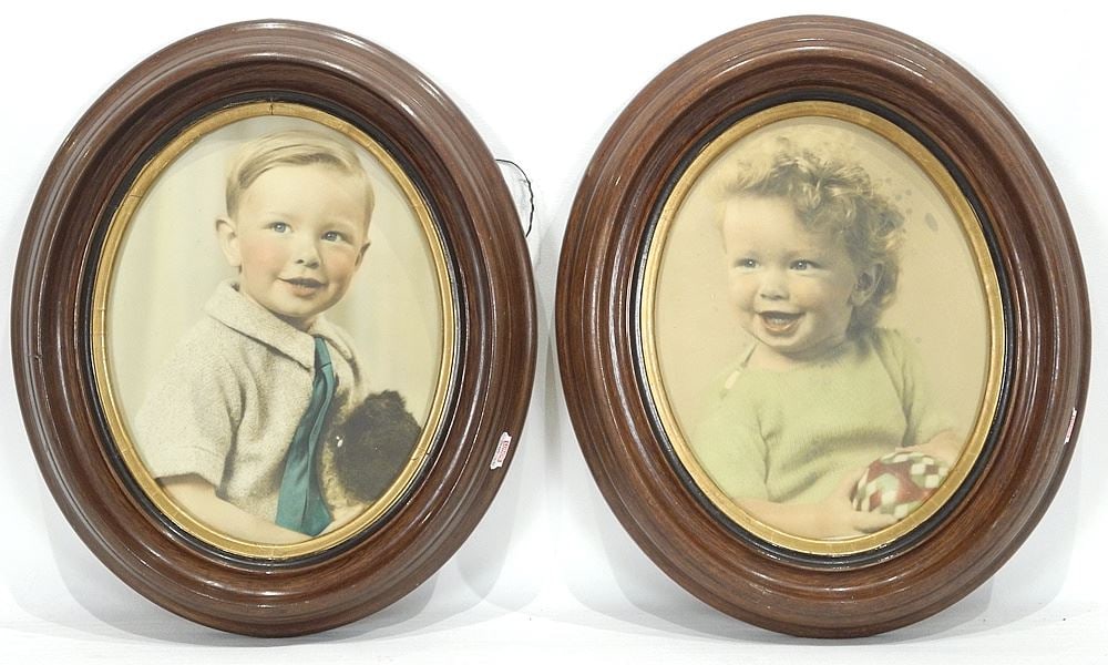 Pair of Oval Wood Hogarth Frames with Vintage Photos, 11 1/2 x 13 1/2 ".: Pair of Oval Wood Hogarth Frames with Vintage Photos, 11 1/2 x 13 1/2 ".