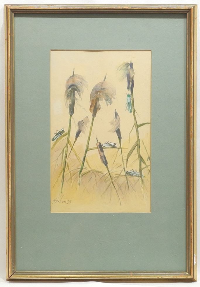 Watercolour signed F. (Frederick Joseph George) Nicholas, 12 7/8 x 7 7/8", "Grasshoppers".: Watercolour signed F. (Frederick Joseph George) Nicholas, 12 7/8 x 7 7/8", "Grasshoppers".
