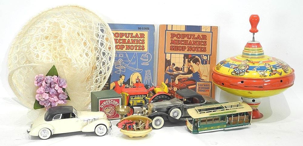 Hat Box with Hat/Tin Tractor/Model Cars/Spinning Top/Gyroscope.: Hat Box with Hat/Tin Tractor/Model Cars/Spinning Top/Gyroscope.