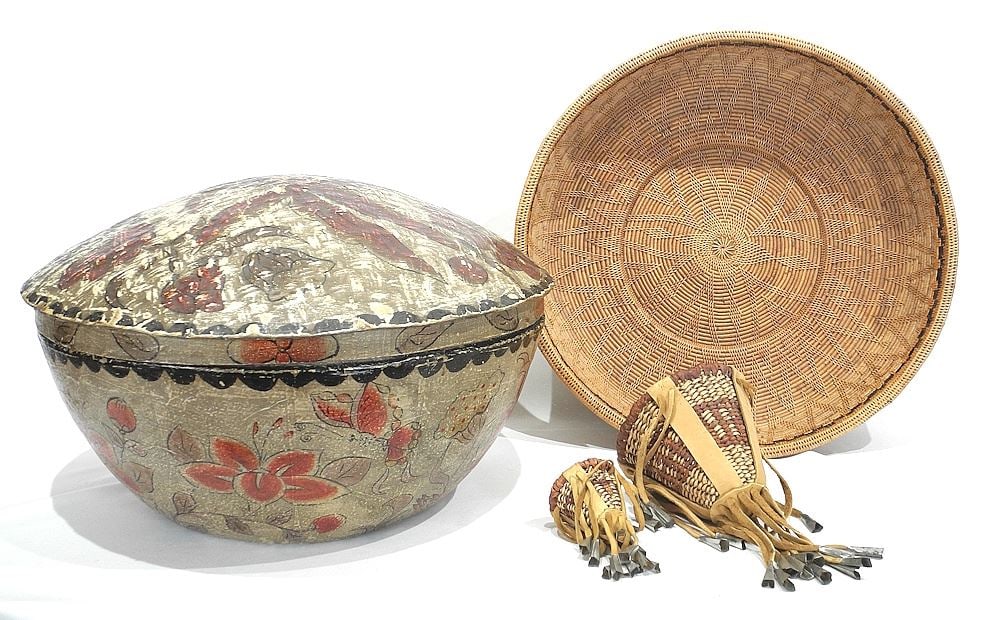 Collection of Woven Fibre Items & Papier Mache Domed Box.: Collection of Woven Fibre Items & Papier Mache Domed Box.