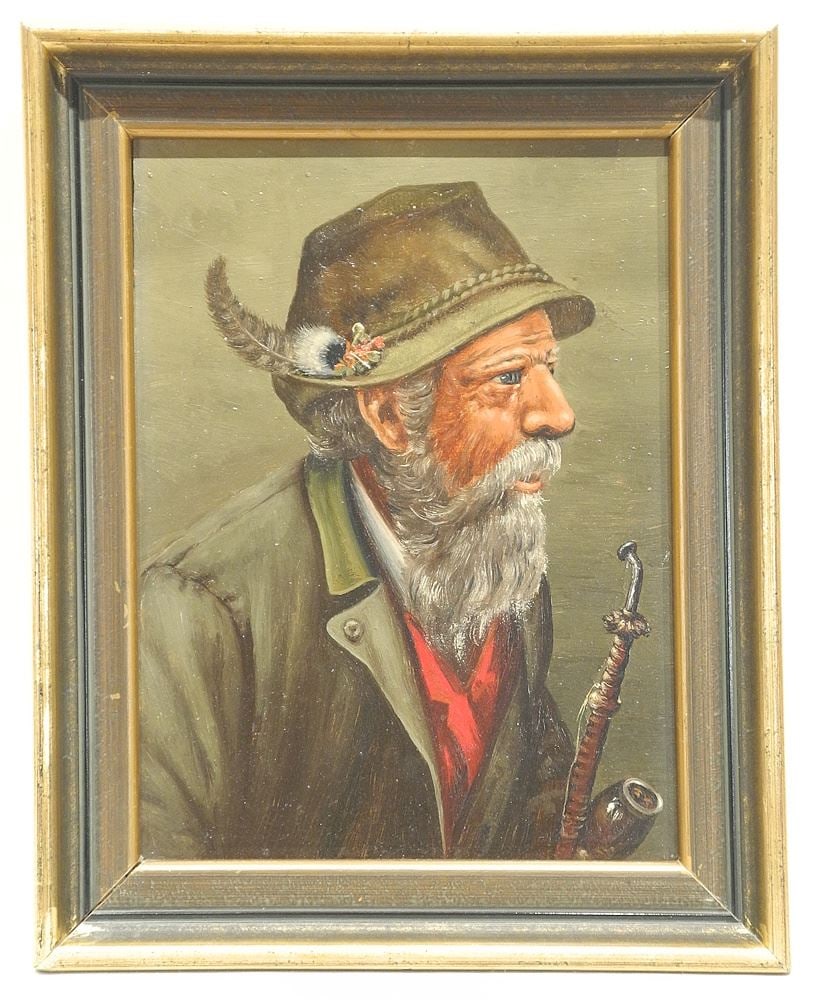 Unsigned Oil on Masonite, 12 x 9", "German Man with Pipe".: Unsigned Oil on Masonite, 12 x 9", "German Man with Pipe".