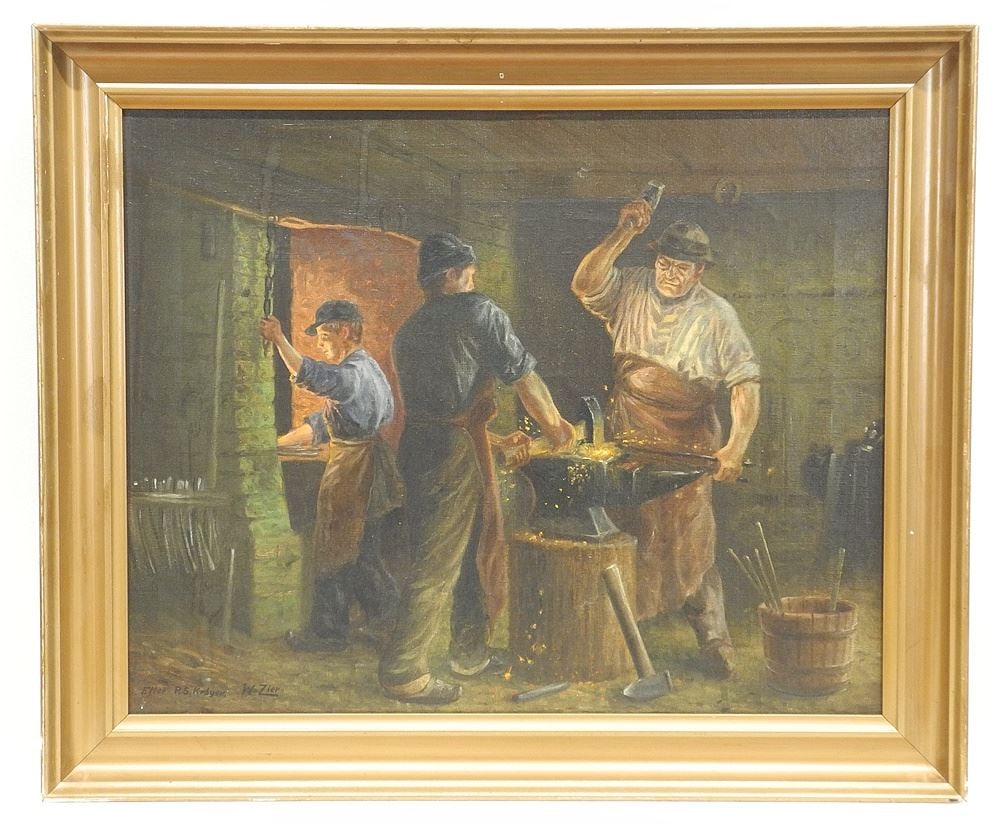 Oil on Canvas signed W.Zier, 16 1/4 x 20 1/4", "Blacksmiths Forge". (1 of 3)