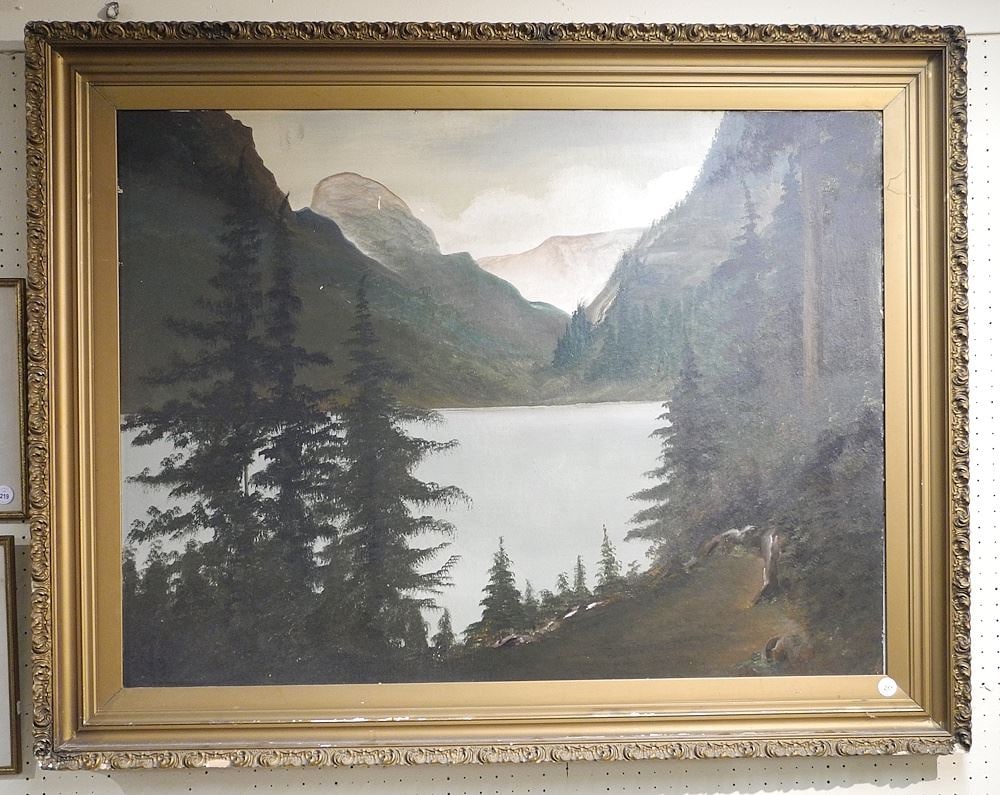 Unsigned Oil on Board, 36 x 48", "Mountain Lake".: Unsigned Oil on Board, 36 x 48", "Mountain Lake".