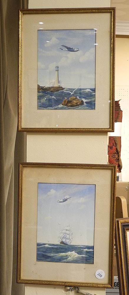 Pair of Watercolour & Gouache signed Don W.'41, 9 1/2 x 7", "Float Planes ".: Pair of Watercolour & Gouache signed Don W.'41, 9 1/2 x 7", "Float Planes ".
