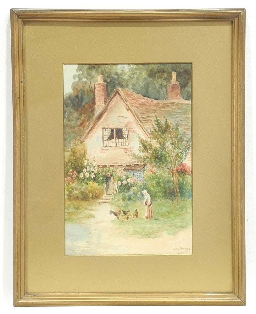 Watercolour signed O.H. Thomas, 9 3/4 x 6 3/8", "Feeding the Chickens". (1 of 4)