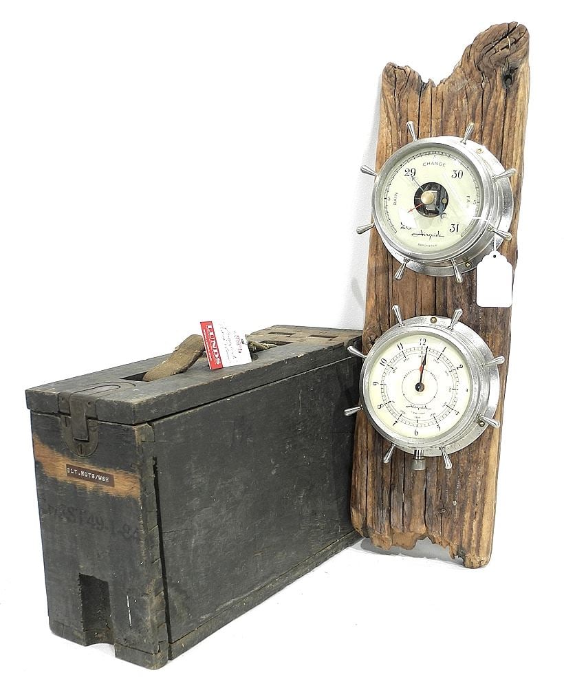 "Airguide" Thermometer & Barometer (5" diam.) with WWI Ammo Box, 12 3/4 "L. (1 of 3)