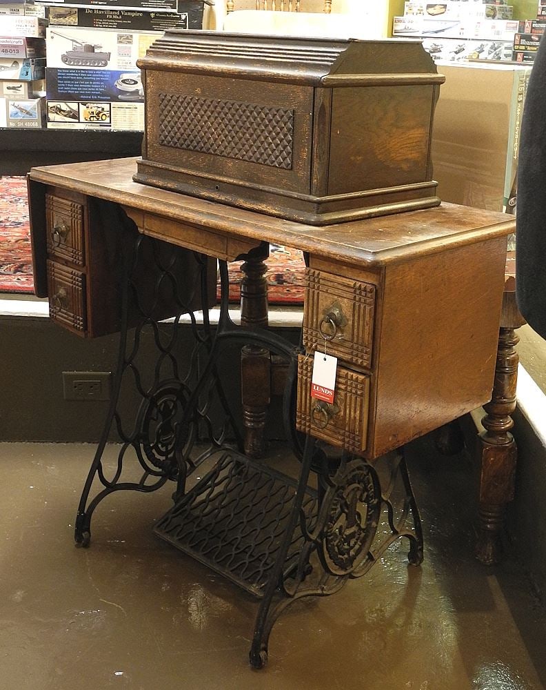 Oak Cased Singer Sewing Machine, 40"h. (1 of 3)