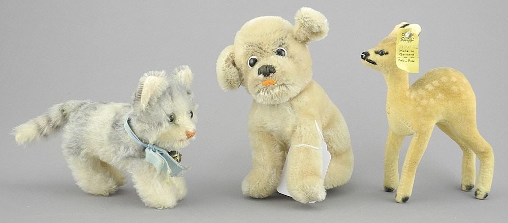 Three Steiff Animals: Tabby/Deer & Dog (lacking button), 3 1/2 - 5"h. (1 of 3)